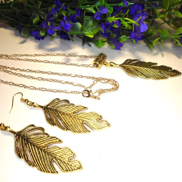 2/$25 extra large Gold feather necklace or earrings - antique gold - Handmade - Picture 1 of 7